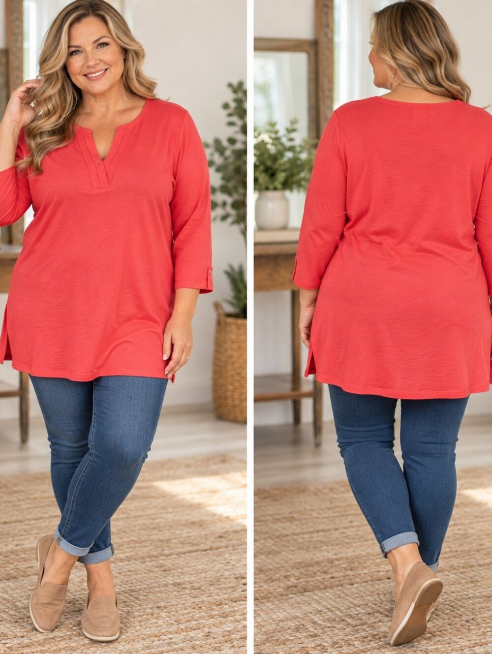rafaella 1x nwt 100% cotton coral tunic top long sleeve v neck